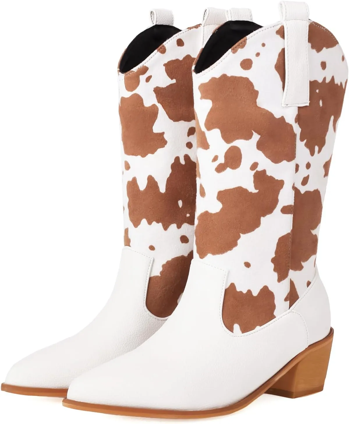 Cozivwaiy Women Mid Calf Cowboy Boots Chunky Heel Half Boots Cow Print Western Boots Plus size (US 4-12.5)