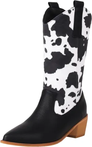 Cozivwaiy Women Mid Calf Cowboy Boots Chunky Heel Half Boots Cow Print Western Boots Plus size (US 4-12.5)