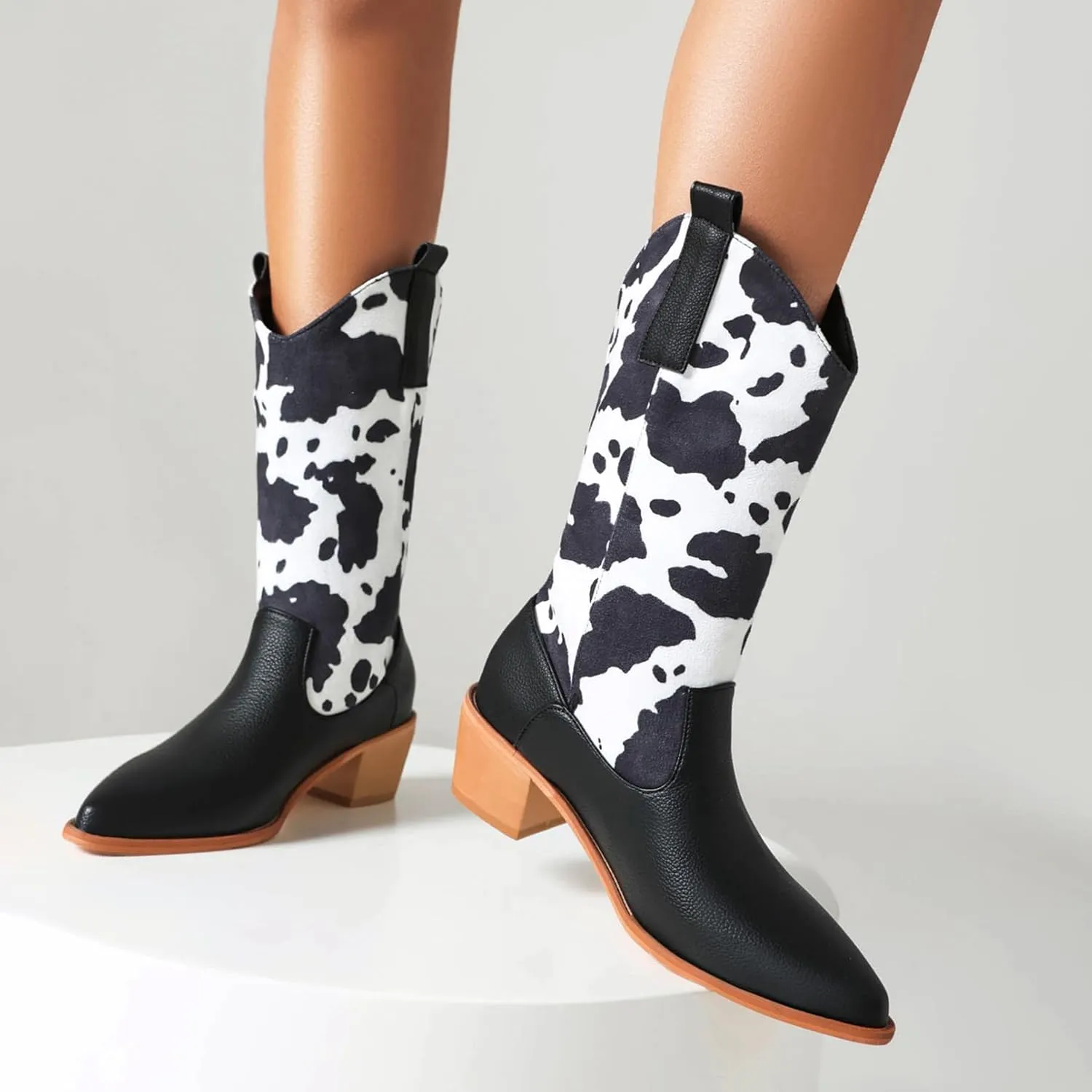 Cozivwaiy Women Mid Calf Cowboy Boots Chunky Heel Half Boots Cow Print Western Boots Plus size (US 4-12.5)
