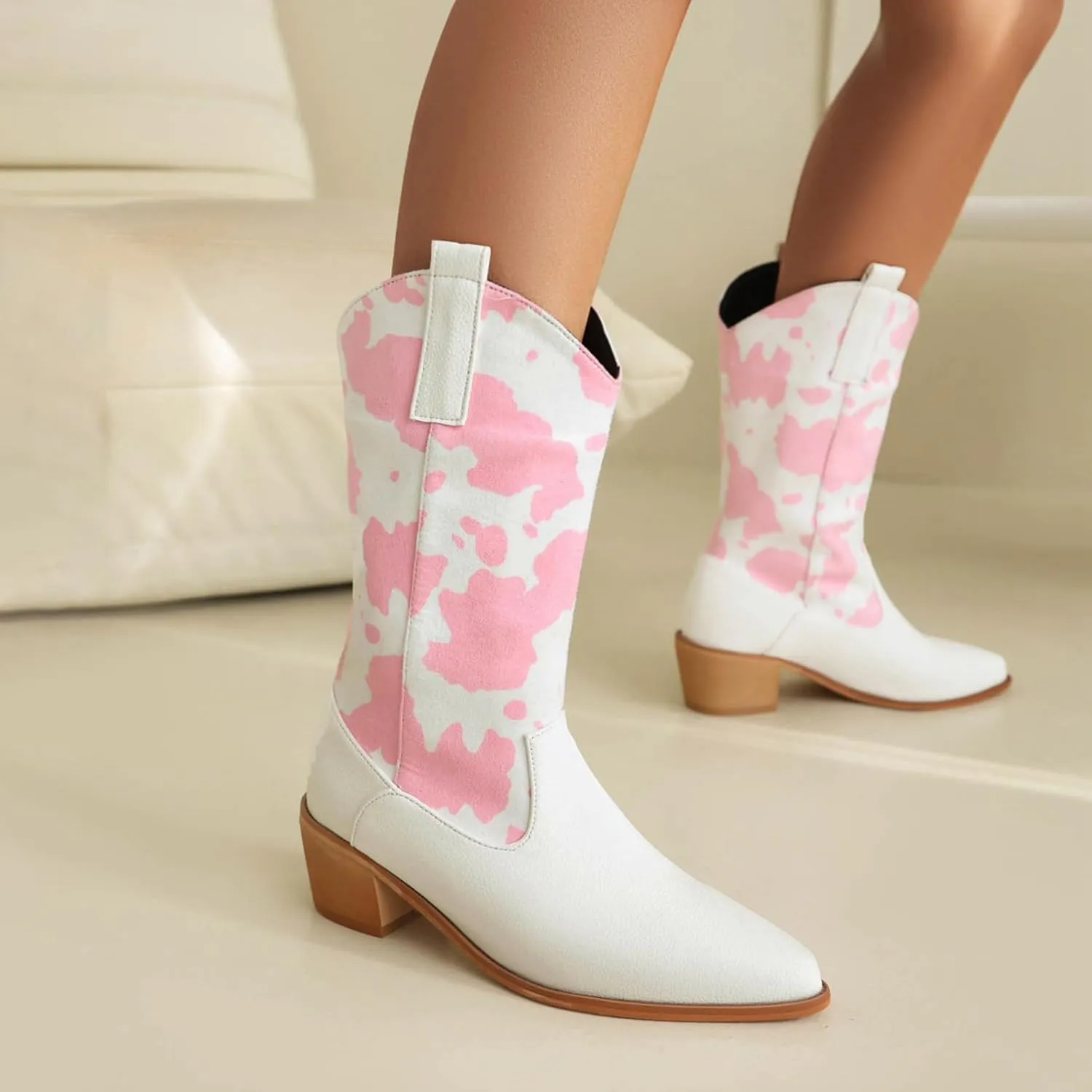 Cozivwaiy Women Mid Calf Cowboy Boots Chunky Heel Half Boots Cow Print Western Boots Plus size (US 4-12.5)