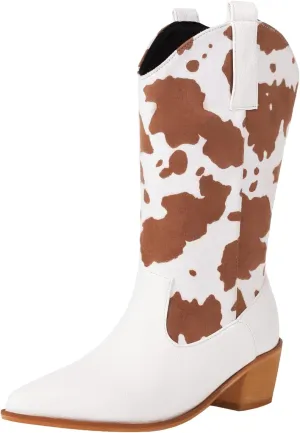 Cozivwaiy Women Mid Calf Cowboy Boots Chunky Heel Half Boots Cow Print Western Boots Plus size (US 4-12.5)