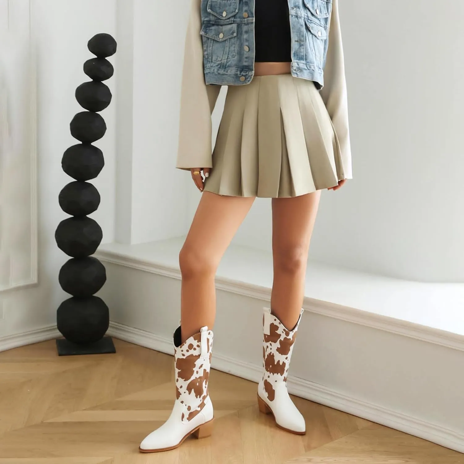 Cozivwaiy Women Mid Calf Cowboy Boots Chunky Heel Half Boots Cow Print Western Boots Plus size (US 4-12.5)