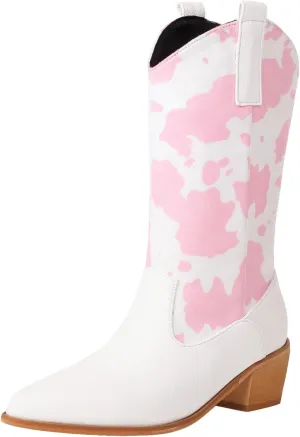 Cozivwaiy Women Mid Calf Cowboy Boots Chunky Heel Half Boots Cow Print Western Boots Plus size (US 4-12.5)