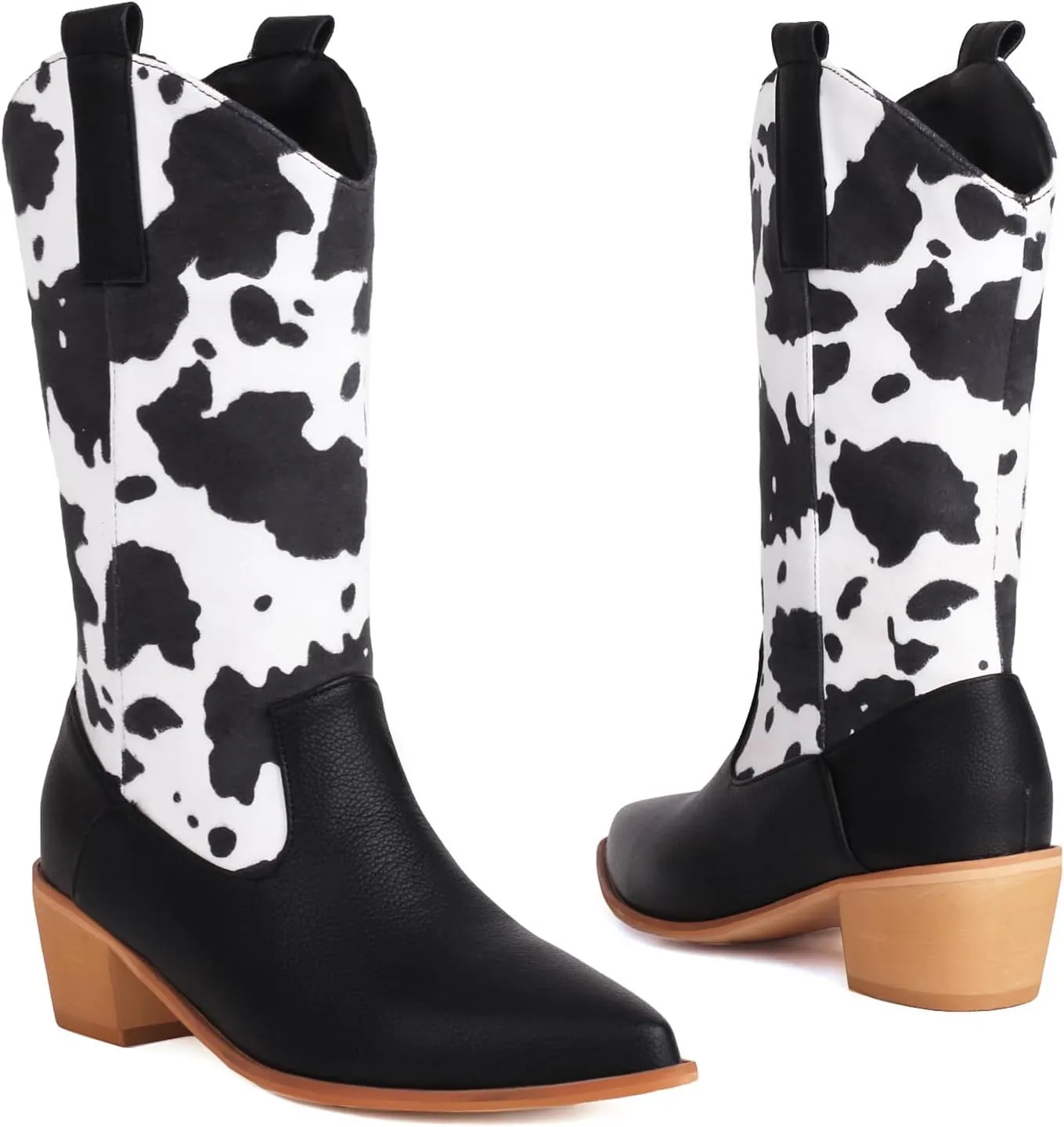 Cozivwaiy Women Mid Calf Cowboy Boots Chunky Heel Half Boots Cow Print Western Boots Plus size (US 4-12.5)