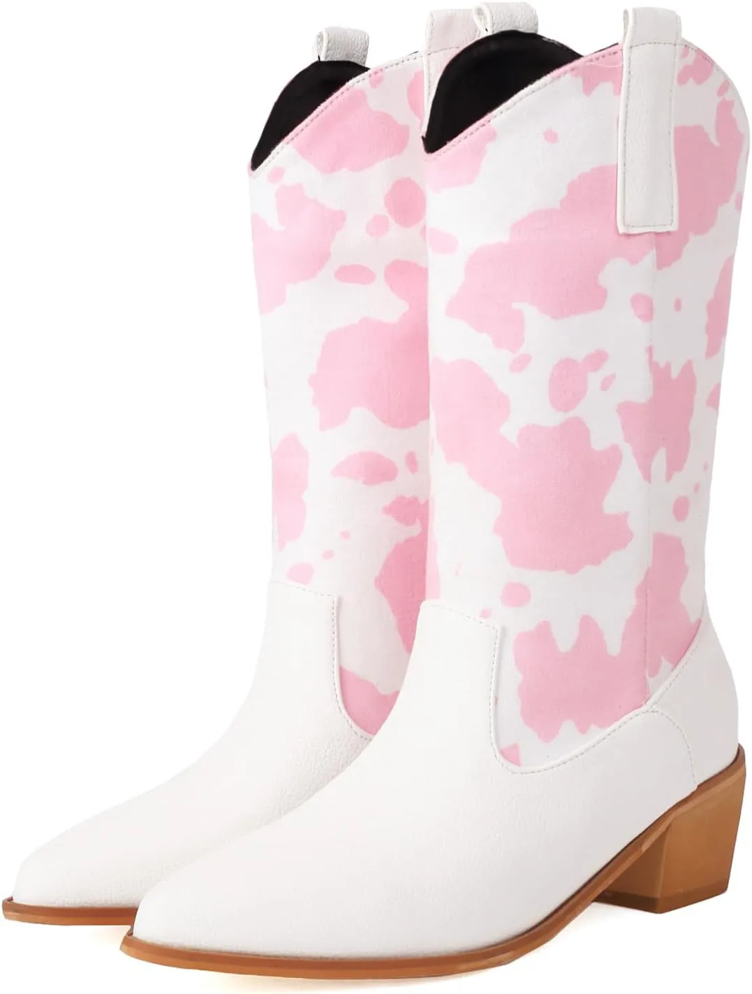 Cozivwaiy Women Mid Calf Cowboy Boots Chunky Heel Half Boots Cow Print Western Boots Plus size (US 4-12.5)