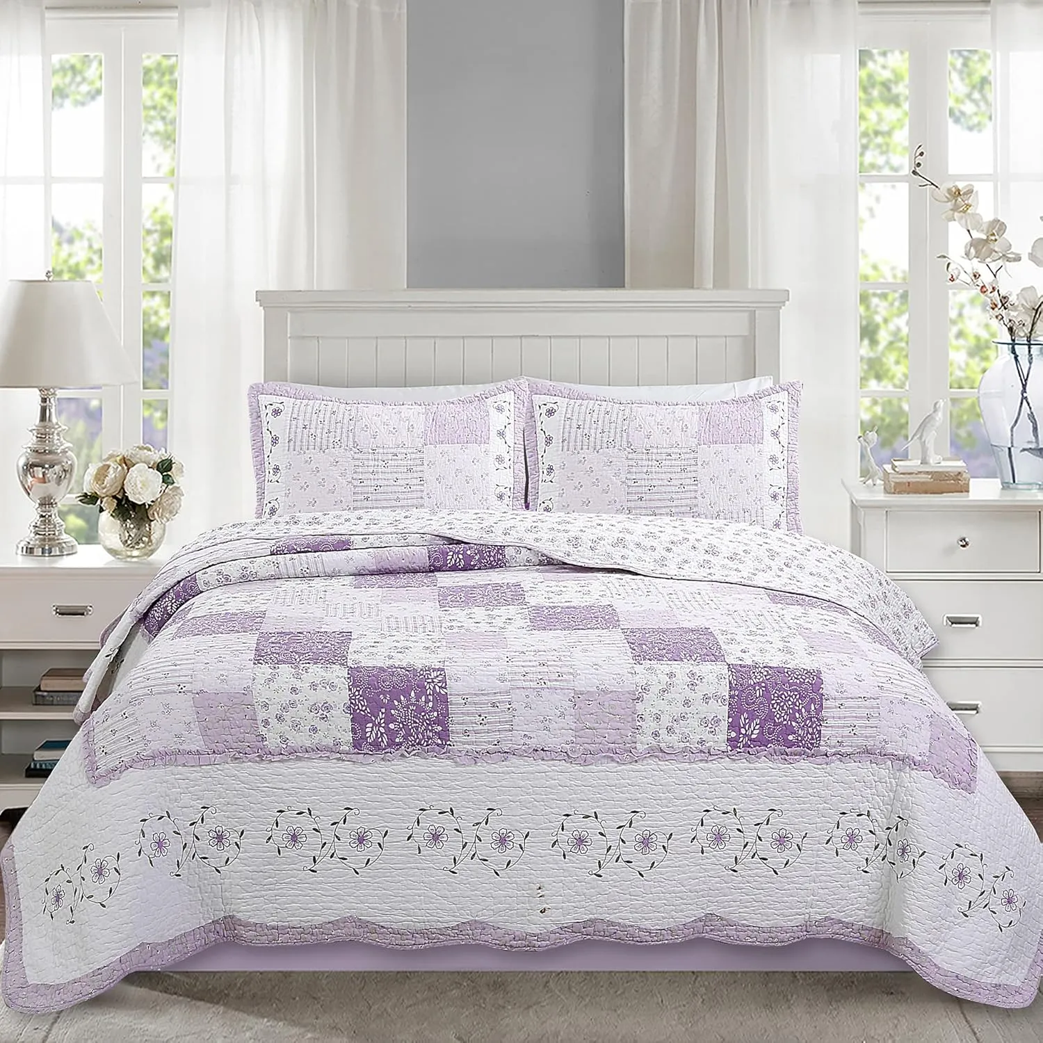 Cozy Line Home Fashions 100% Cotton Hand Piecing Real Patchwork Love of Lilac Bedding Quilt Set, Purple Orchid Lavender Chic Lace Floral Reversible Coverlet, Bedspread (Lilac, King - 3 Piece)