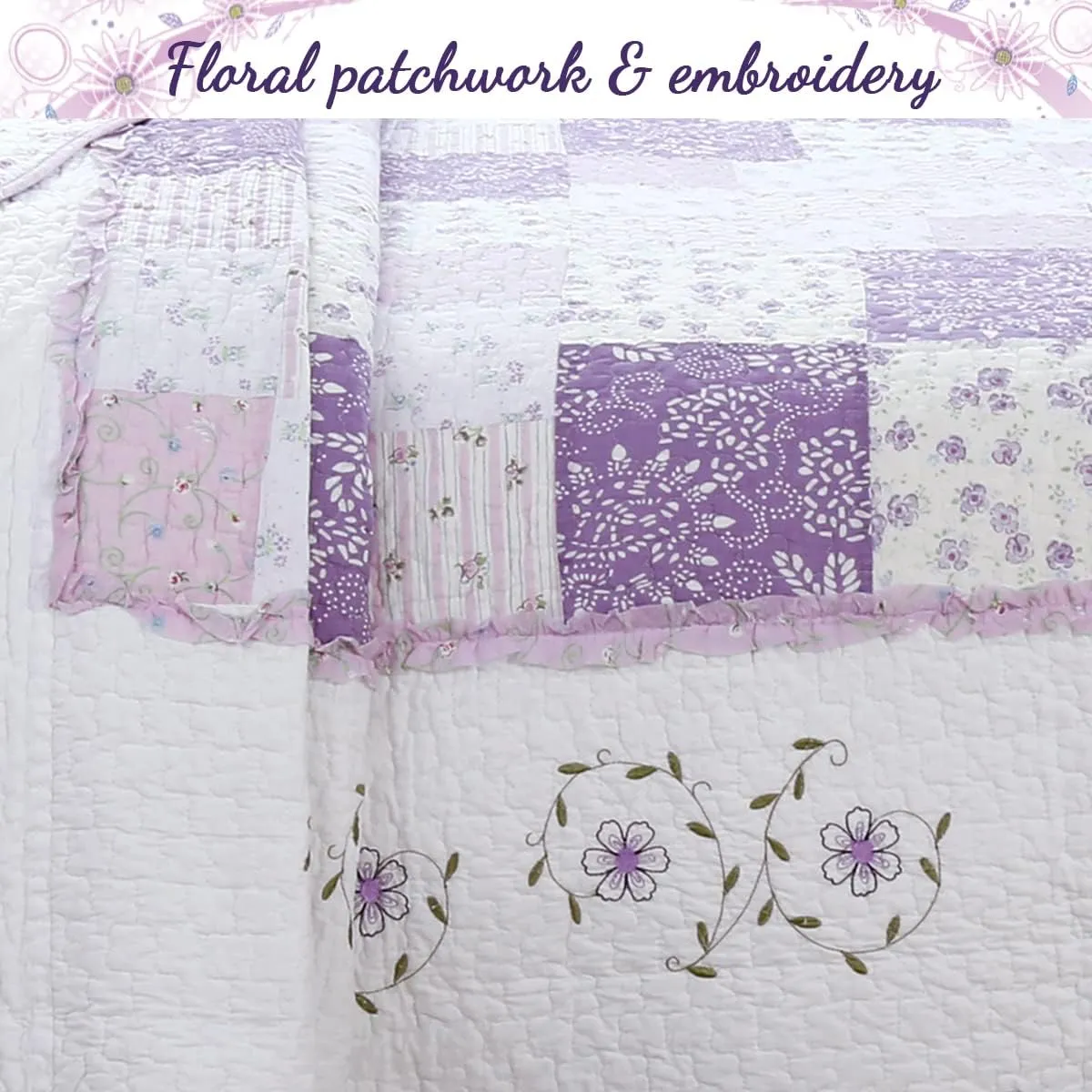 Cozy Line Home Fashions 100% Cotton Hand Piecing Real Patchwork Love of Lilac Bedding Quilt Set, Purple Orchid Lavender Chic Lace Floral Reversible Coverlet, Bedspread (Lilac, King - 3 Piece)
