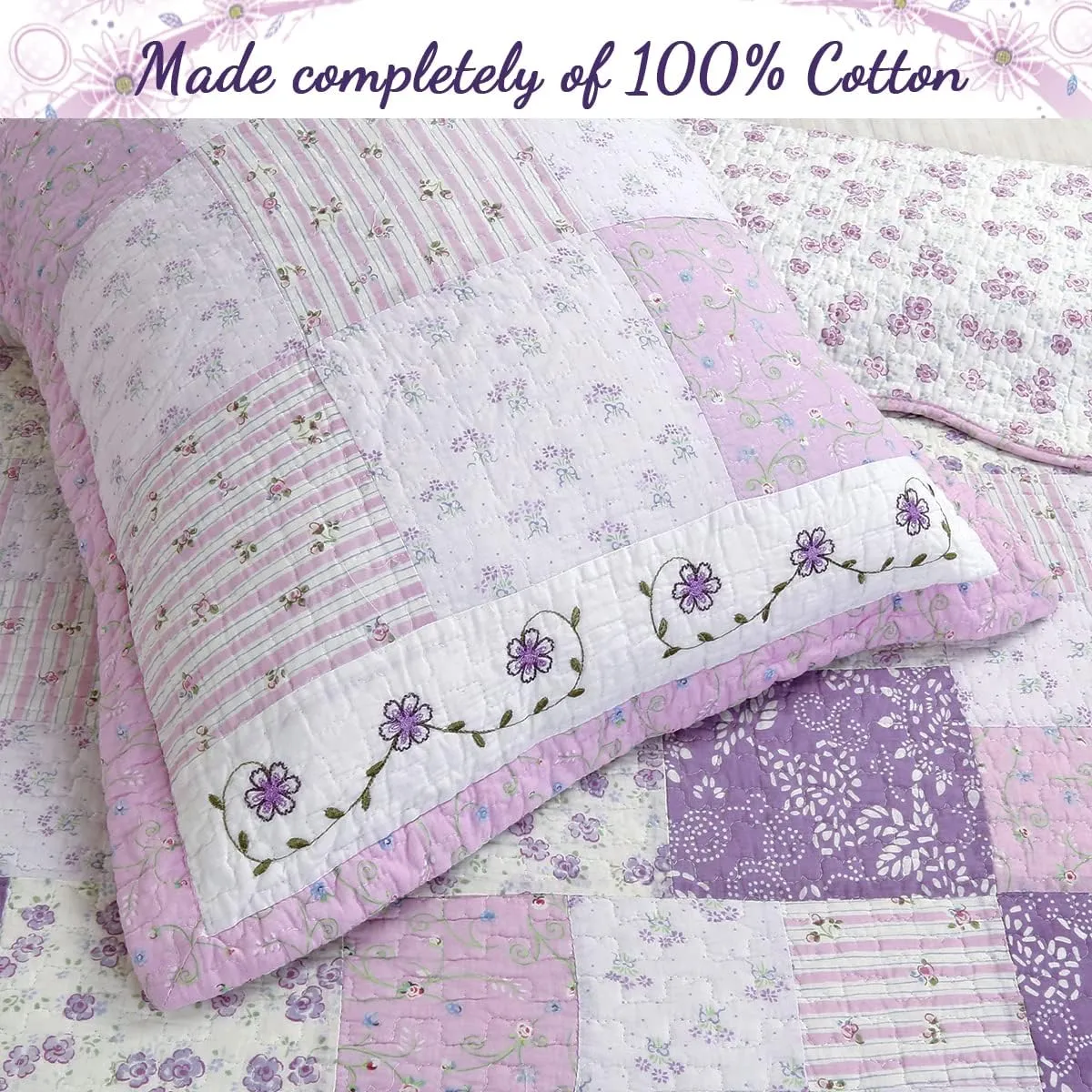 Cozy Line Home Fashions 100% Cotton Hand Piecing Real Patchwork Love of Lilac Bedding Quilt Set, Purple Orchid Lavender Chic Lace Floral Reversible Coverlet, Bedspread (Lilac, King - 3 Piece)