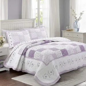 Cozy Line Home Fashions 100% Cotton Hand Piecing Real Patchwork Love of Lilac Bedding Quilt Set, Purple Orchid Lavender Chic Lace Floral Reversible Coverlet, Bedspread (Lilac, King - 3 Piece)