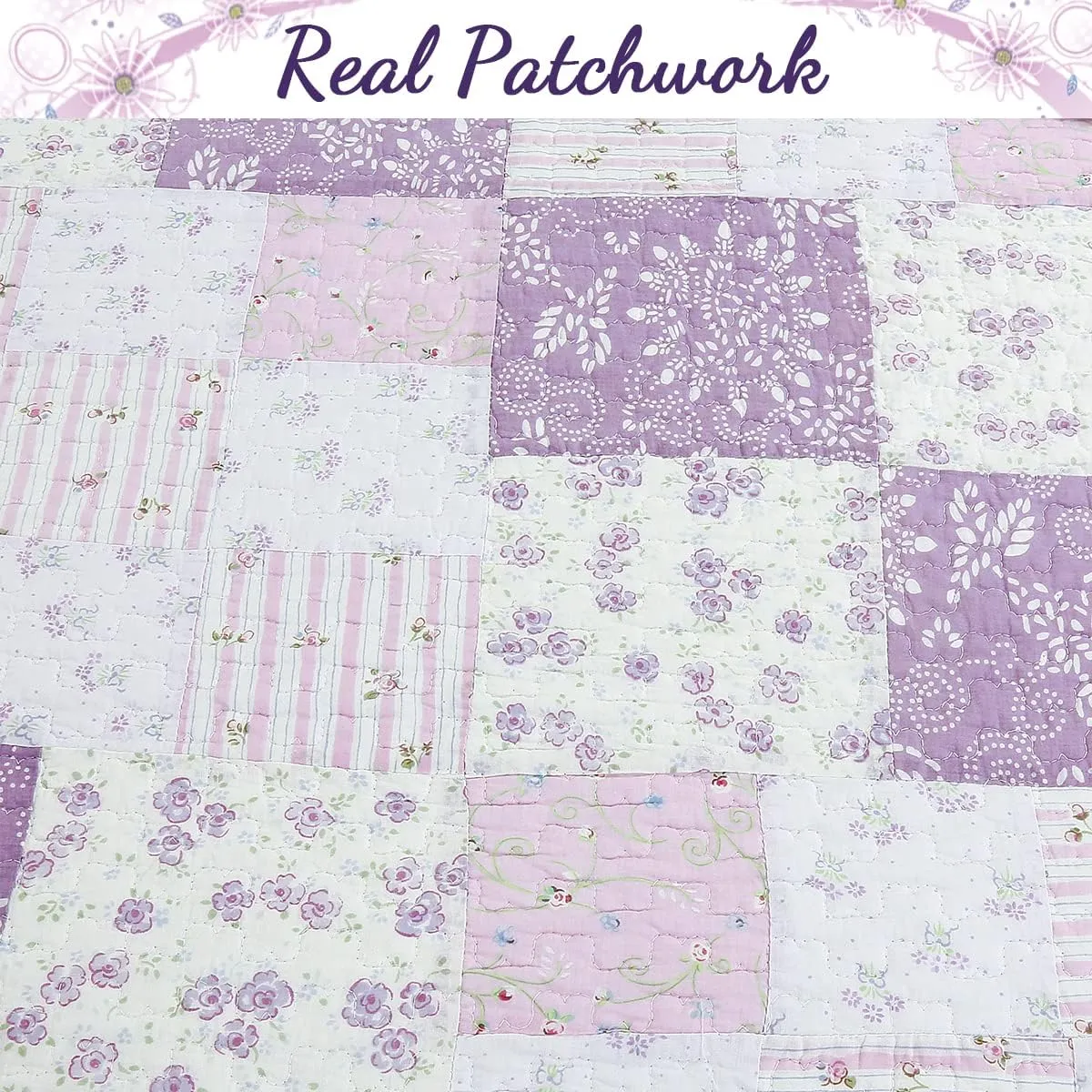 Cozy Line Home Fashions 100% Cotton Hand Piecing Real Patchwork Love of Lilac Bedding Quilt Set, Purple Orchid Lavender Chic Lace Floral Reversible Coverlet, Bedspread (Lilac, King - 3 Piece)