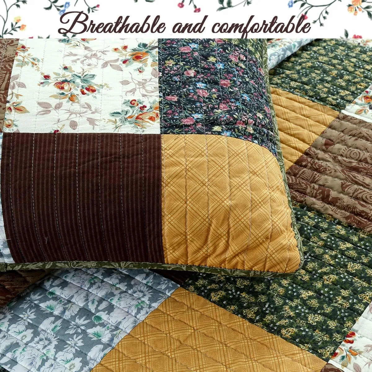 Cozy Line Home Fashions 100% Cotton Hand Piecing Real Patchwork Mustard Yellow Country Farmhouse Quilt Bedding Set Reversible Coverlet, Bedspread (Brown Olive, King - 3 Piece)