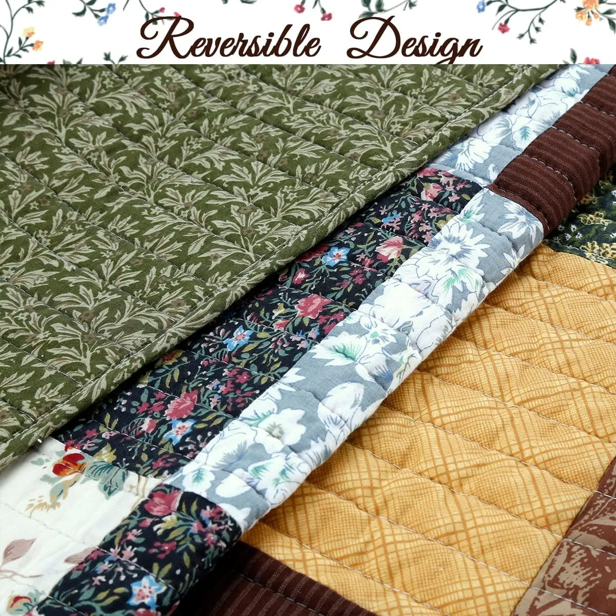 Cozy Line Home Fashions 100% Cotton Hand Piecing Real Patchwork Mustard Yellow Country Farmhouse Quilt Bedding Set Reversible Coverlet, Bedspread (Brown Olive, King - 3 Piece)