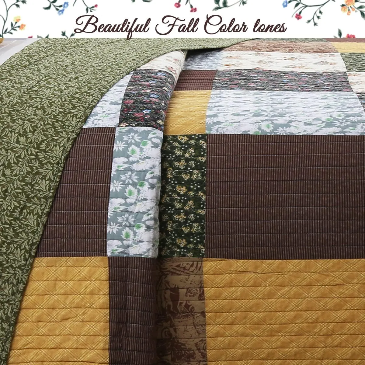 Cozy Line Home Fashions 100% Cotton Hand Piecing Real Patchwork Mustard Yellow Country Farmhouse Quilt Bedding Set Reversible Coverlet, Bedspread (Brown Olive, King - 3 Piece)