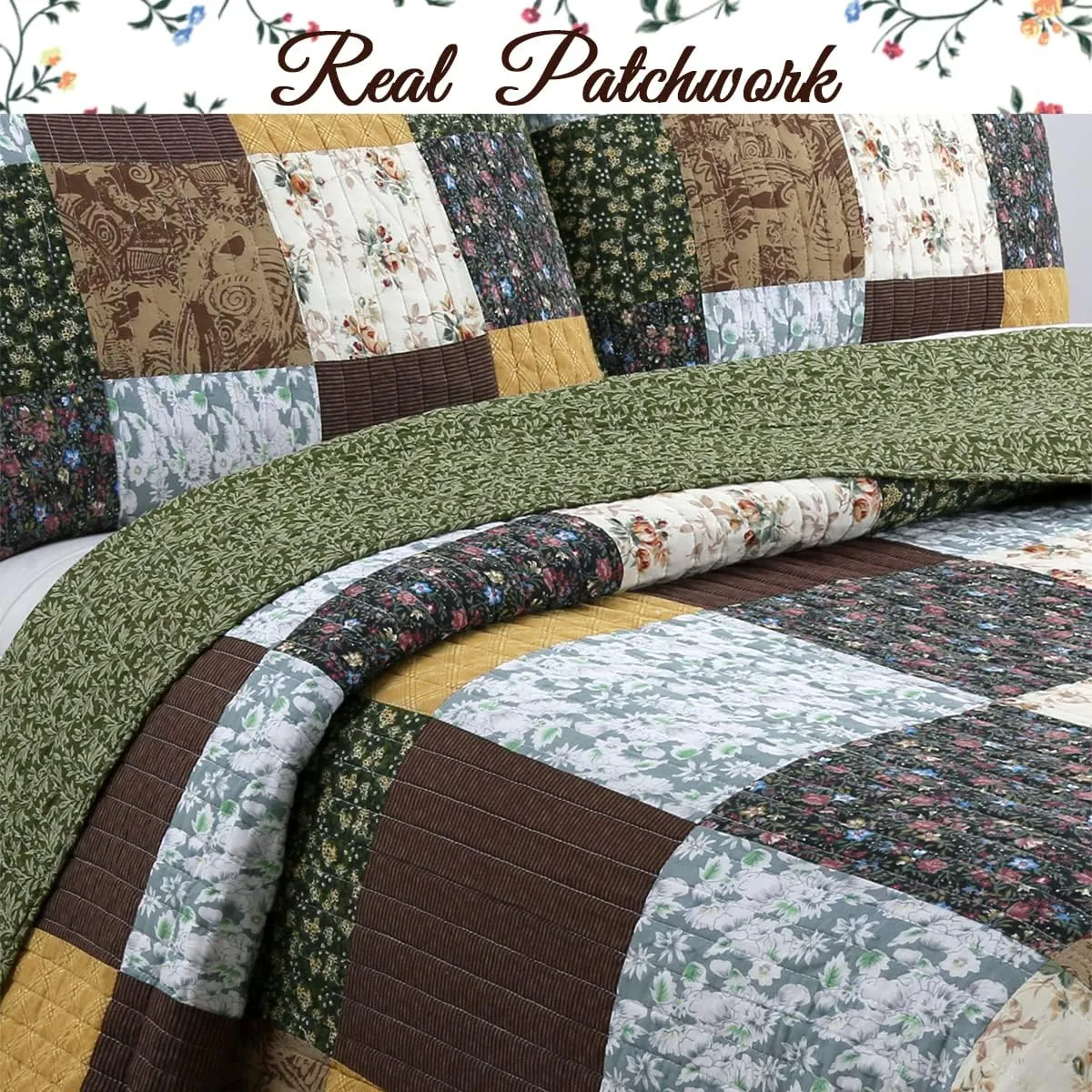 Cozy Line Home Fashions 100% Cotton Hand Piecing Real Patchwork Mustard Yellow Country Farmhouse Quilt Bedding Set Reversible Coverlet, Bedspread (Brown Olive, King - 3 Piece)