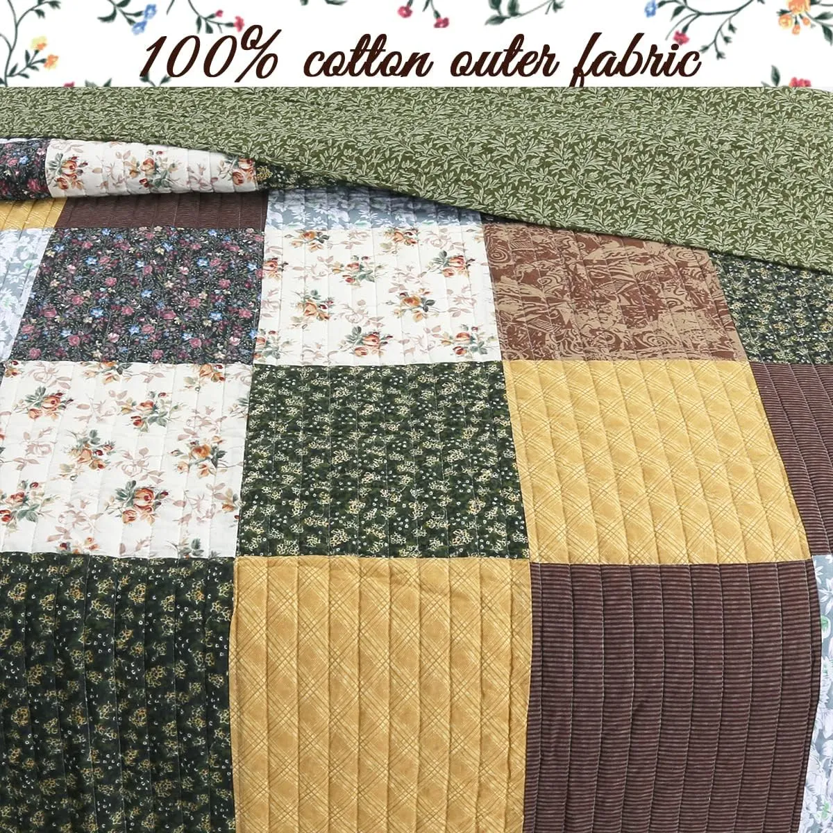 Cozy Line Home Fashions 100% Cotton Hand Piecing Real Patchwork Mustard Yellow Country Farmhouse Quilt Bedding Set Reversible Coverlet, Bedspread (Brown Olive, King - 3 Piece)