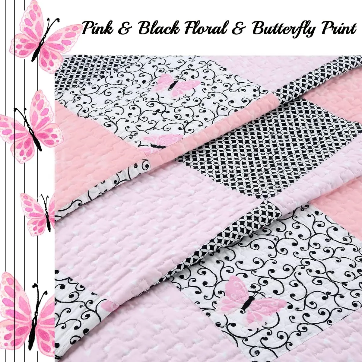Cozy Line Home Fashions 100% Cotton Real Patchwork Floral Butterfly Shabby Chic Girly Reversible Quilt Bedding Set, Coverlet Bedspread (Black Pink, Twin - 2 Piece)