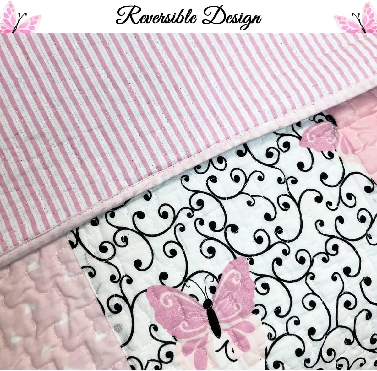 Cozy Line Home Fashions 100% Cotton Real Patchwork Floral Butterfly Shabby Chic Girly Reversible Quilt Bedding Set, Coverlet Bedspread (Black Pink, Twin - 2 Piece)
