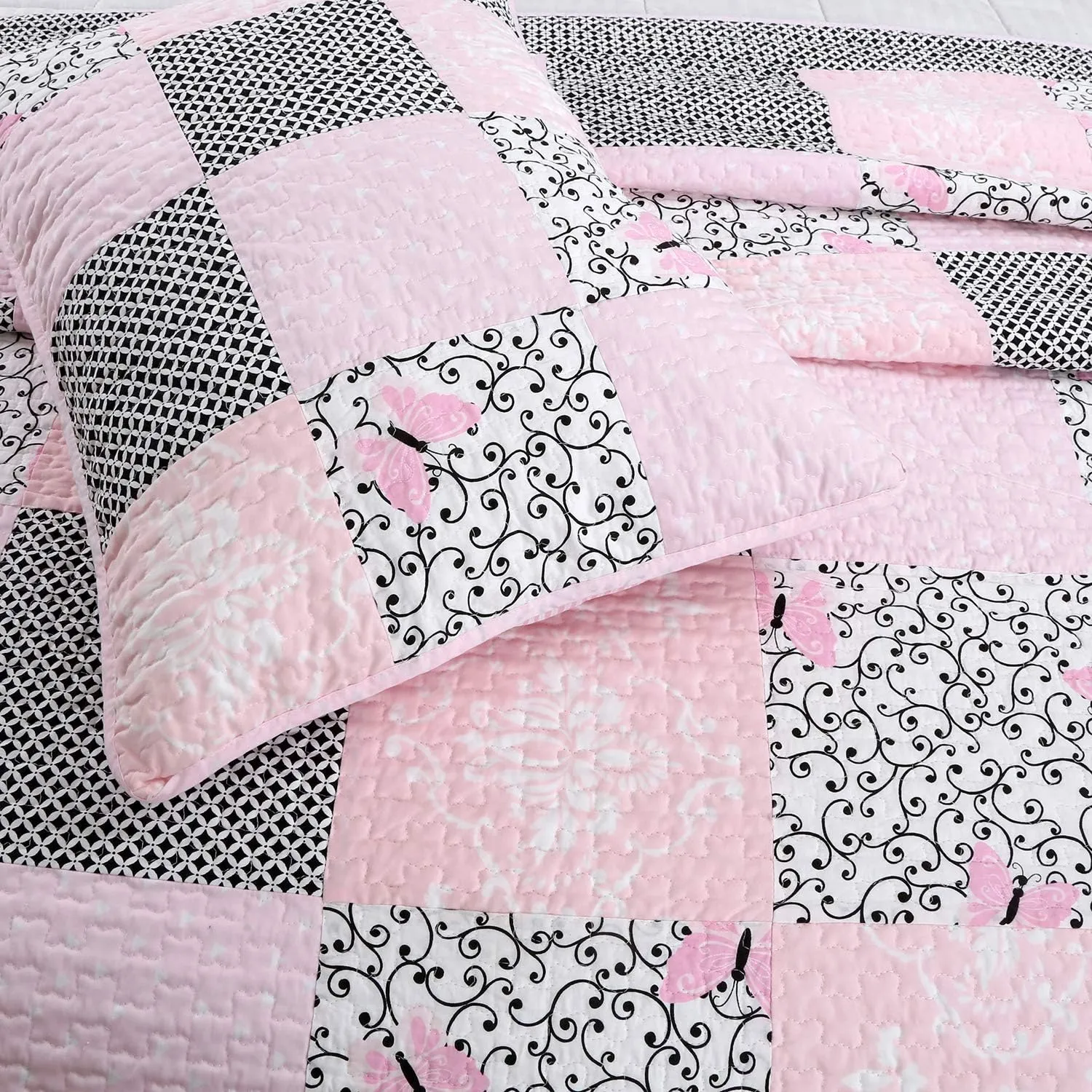 Cozy Line Home Fashions 100% Cotton Real Patchwork Floral Butterfly Shabby Chic Girly Reversible Quilt Bedding Set, Coverlet Bedspread (Black Pink, Twin - 2 Piece)