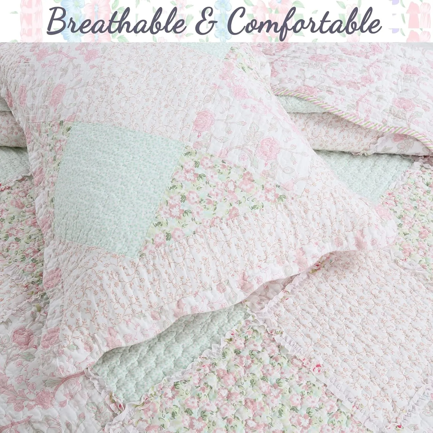 Cozy Line Home Fashions 100% Cotton Real Patchwork Floral Pink Rose Shabby Chic Girly Reversible Quilt Bedding Set, Coverlet Bedspread (La Rosa Rêve, Twin - 2 Piece)