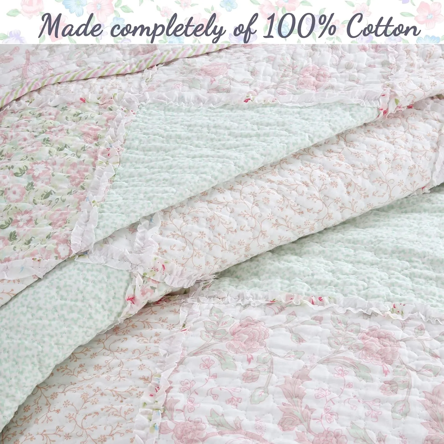 Cozy Line Home Fashions 100% Cotton Real Patchwork Floral Pink Rose Shabby Chic Girly Reversible Quilt Bedding Set, Coverlet Bedspread (La Rosa Rêve, Twin - 2 Piece)