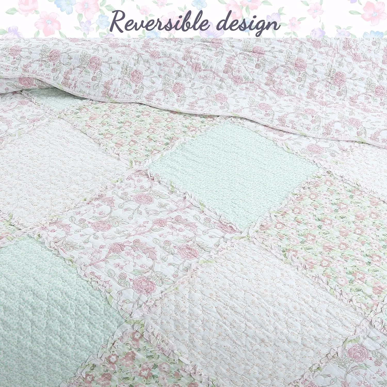 Cozy Line Home Fashions 100% Cotton Real Patchwork Floral Pink Rose Shabby Chic Girly Reversible Quilt Bedding Set, Coverlet Bedspread (La Rosa Rêve, Twin - 2 Piece)