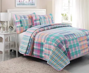 Cozy Line Home Fashions 100% Cotton Real Patchwork Pink Blue Green Reversible Quilt Bedding Set, Bedspread, Coverlet (Pink Plaid, Queen - 3 Piece)