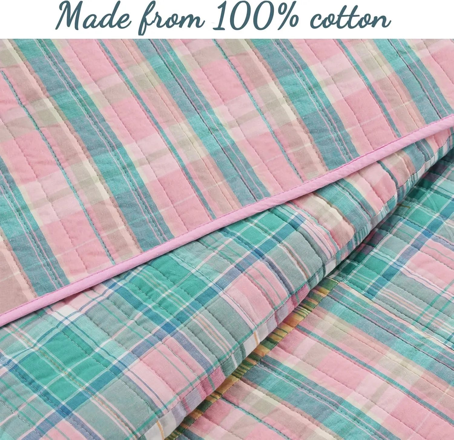 Cozy Line Home Fashions 100% Cotton Real Patchwork Pink Blue Green Reversible Quilt Bedding Set, Bedspread, Coverlet (Pink Plaid, Twin - 2 Piece)