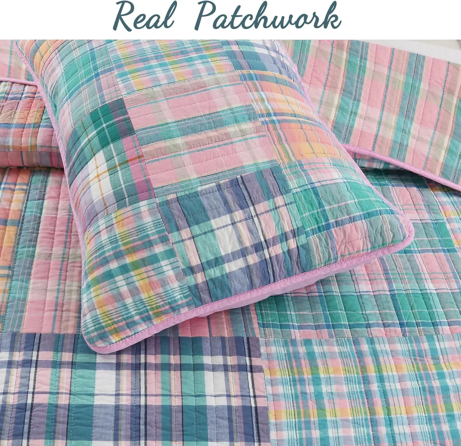Cozy Line Home Fashions 100% Cotton Real Patchwork Pink Blue Green Reversible Quilt Bedding Set, Bedspread, Coverlet (Pink Plaid, Twin - 2 Piece)