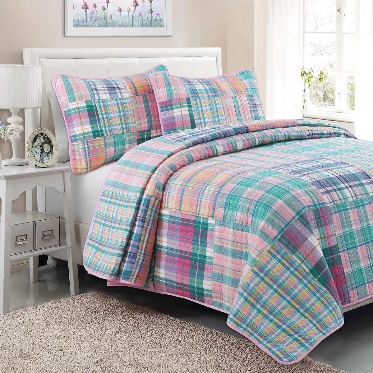 Cozy Line Home Fashions 100% Cotton Real Patchwork Pink Blue Green Reversible Quilt Bedding Set, Bedspread, Coverlet (Pink Plaid, Twin - 2 Piece)