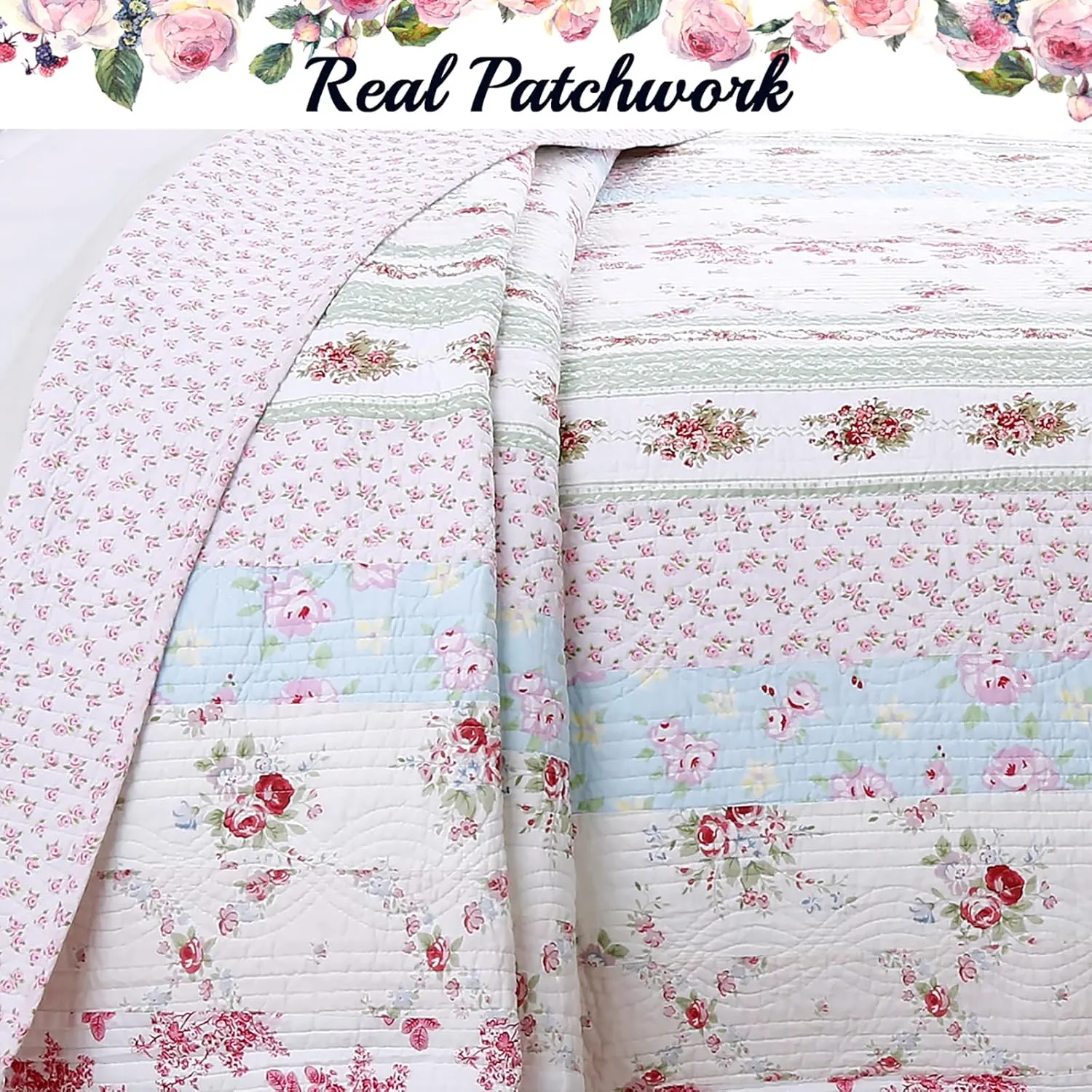 Cozy Line Home Fashions 100% Cotton Real Patchwork Pink Floral Cottage Shabby Chic Reversible Quilt Bedding Set, Bedspread, Coverlet (Wild Rose, Twin - 2 Piece)
