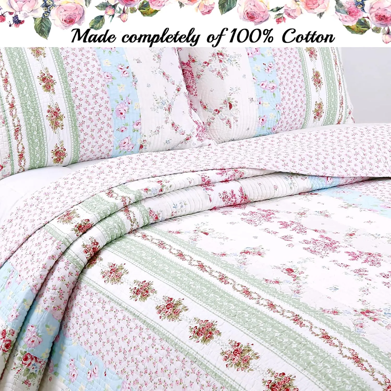 Cozy Line Home Fashions 100% Cotton Real Patchwork Pink Floral Cottage Shabby Chic Reversible Quilt Bedding Set, Bedspread, Coverlet (Wild Rose, Twin - 2 Piece)
