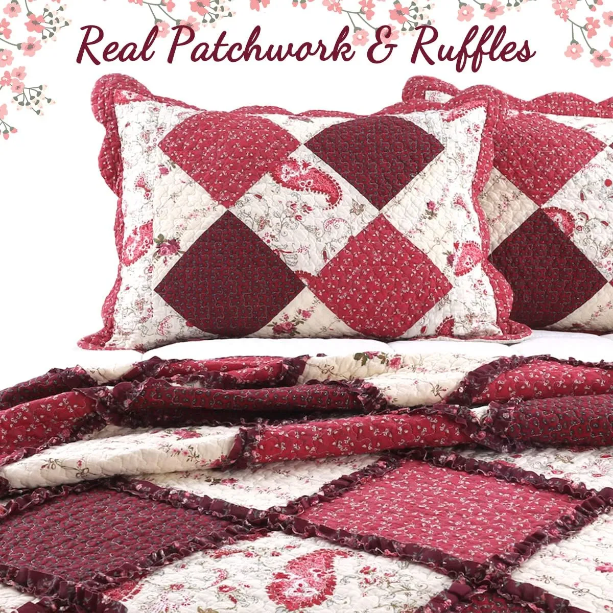 Cozy Line Home Fashions 100% Cotton True Patchwork Reversible Red Floral Paisley Rag Ruffle Farmhouse Quilt Bedding Set, Coverlet Bedspread (Rose Vintage, King - 3 Piece)