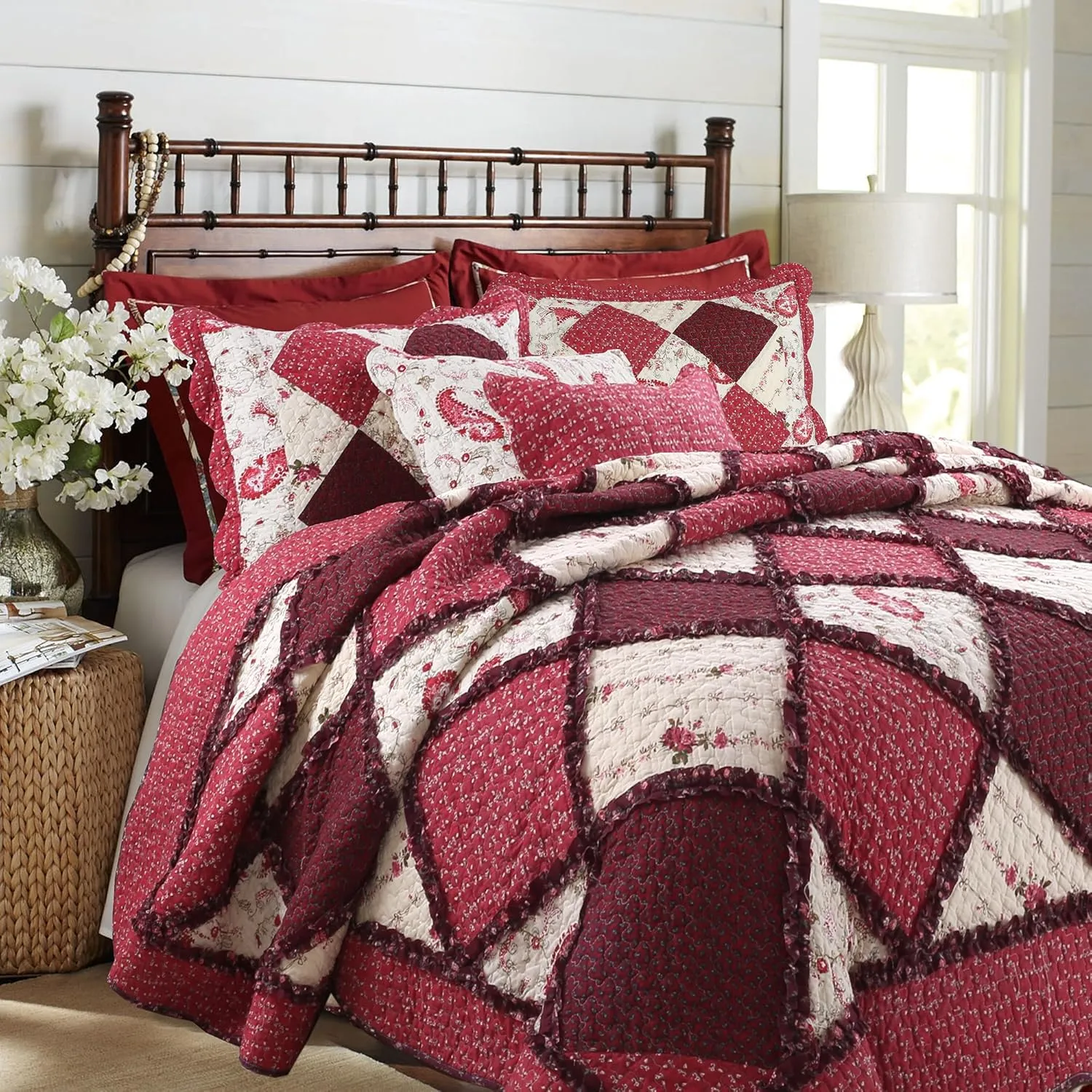 Cozy Line Home Fashions 100% Cotton True Patchwork Reversible Red Floral Paisley Rag Ruffle Farmhouse Quilt Bedding Set, Coverlet Bedspread (Rose Vintage, King - 3 Piece)