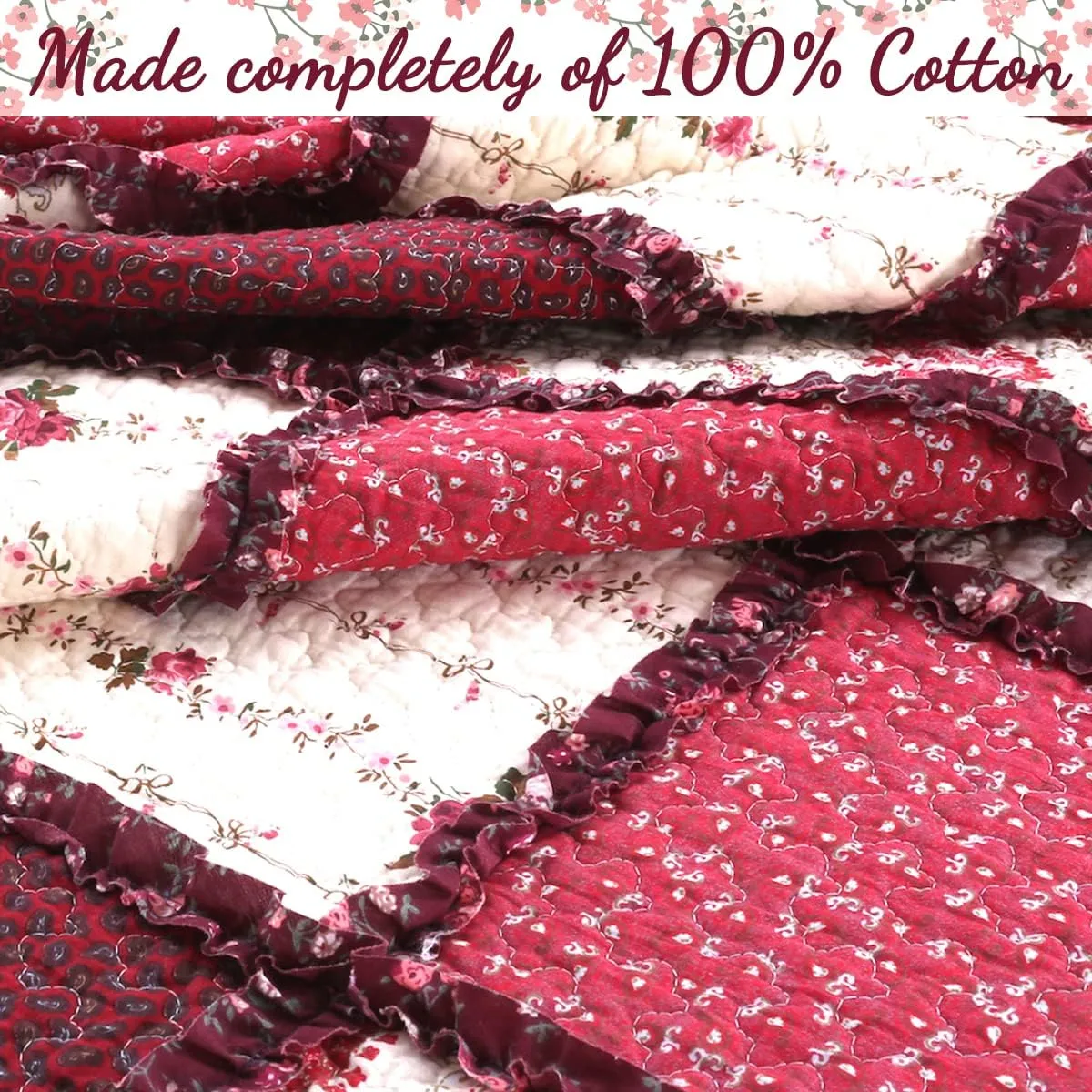 Cozy Line Home Fashions 100% Cotton True Patchwork Reversible Red Floral Paisley Rag Ruffle Farmhouse Quilt Bedding Set, Coverlet Bedspread (Rose Vintage, King - 3 Piece)