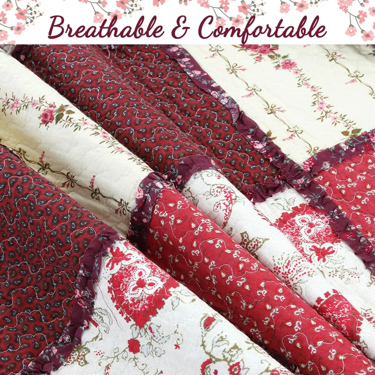 Cozy Line Home Fashions 100% Cotton True Patchwork Reversible Red Floral Paisley Rag Ruffle Farmhouse Quilt Bedding Set, Coverlet Bedspread (Rose Vintage, King - 3 Piece)