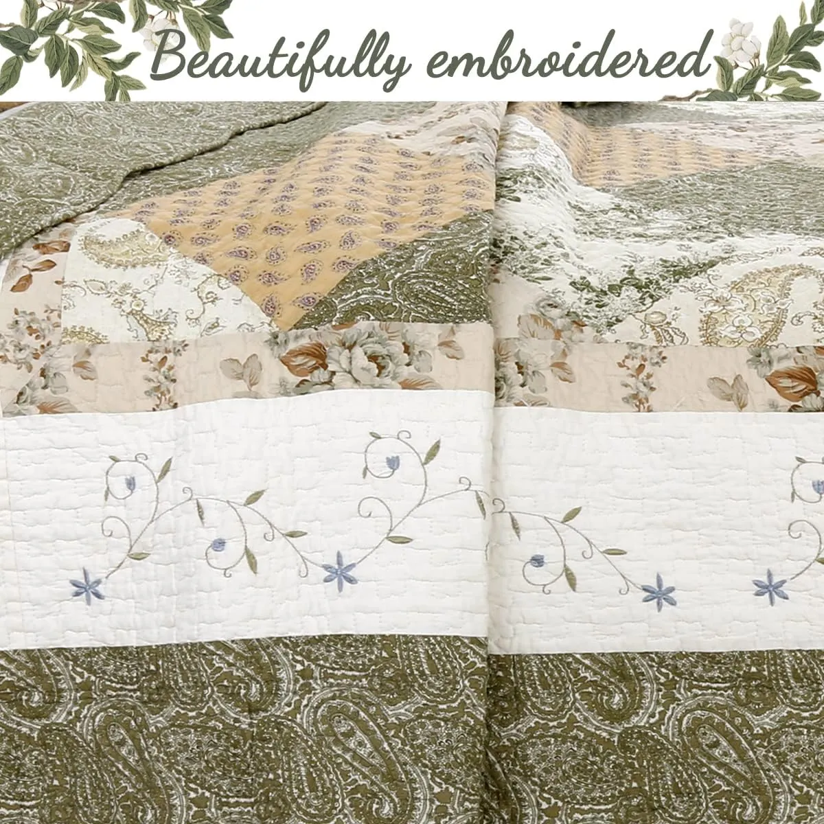 Cozy Line Home Fashions Floral Real Patchwork Green Beige Khaki Yellow Scalloped Edge Country 100% Cotton Quilt Bedding Set, Reversible Coverlet Bedspread (Laura, King - 3 Piece)