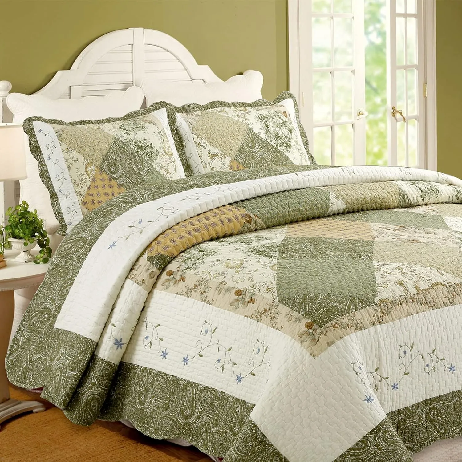 Cozy Line Home Fashions Floral Real Patchwork Green Beige Khaki Yellow Scalloped Edge Country 100% Cotton Quilt Bedding Set, Reversible Coverlet Bedspread (Laura, King - 3 Piece)