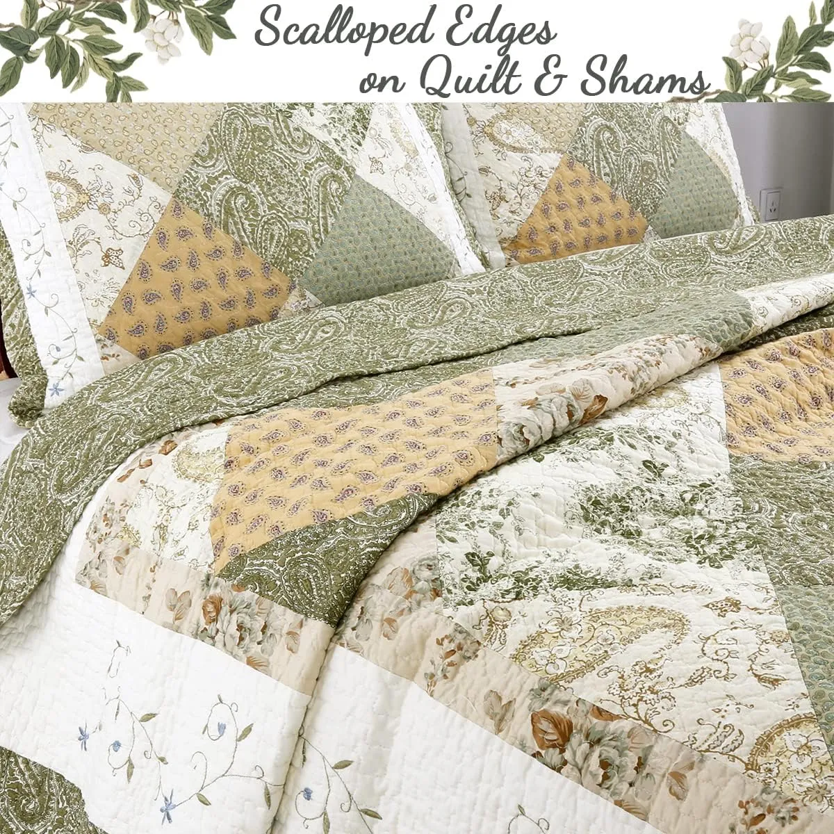 Cozy Line Home Fashions Floral Real Patchwork Green Beige Khaki Yellow Scalloped Edge Country 100% Cotton Quilt Bedding Set, Reversible Coverlet Bedspread (Laura, King - 3 Piece)