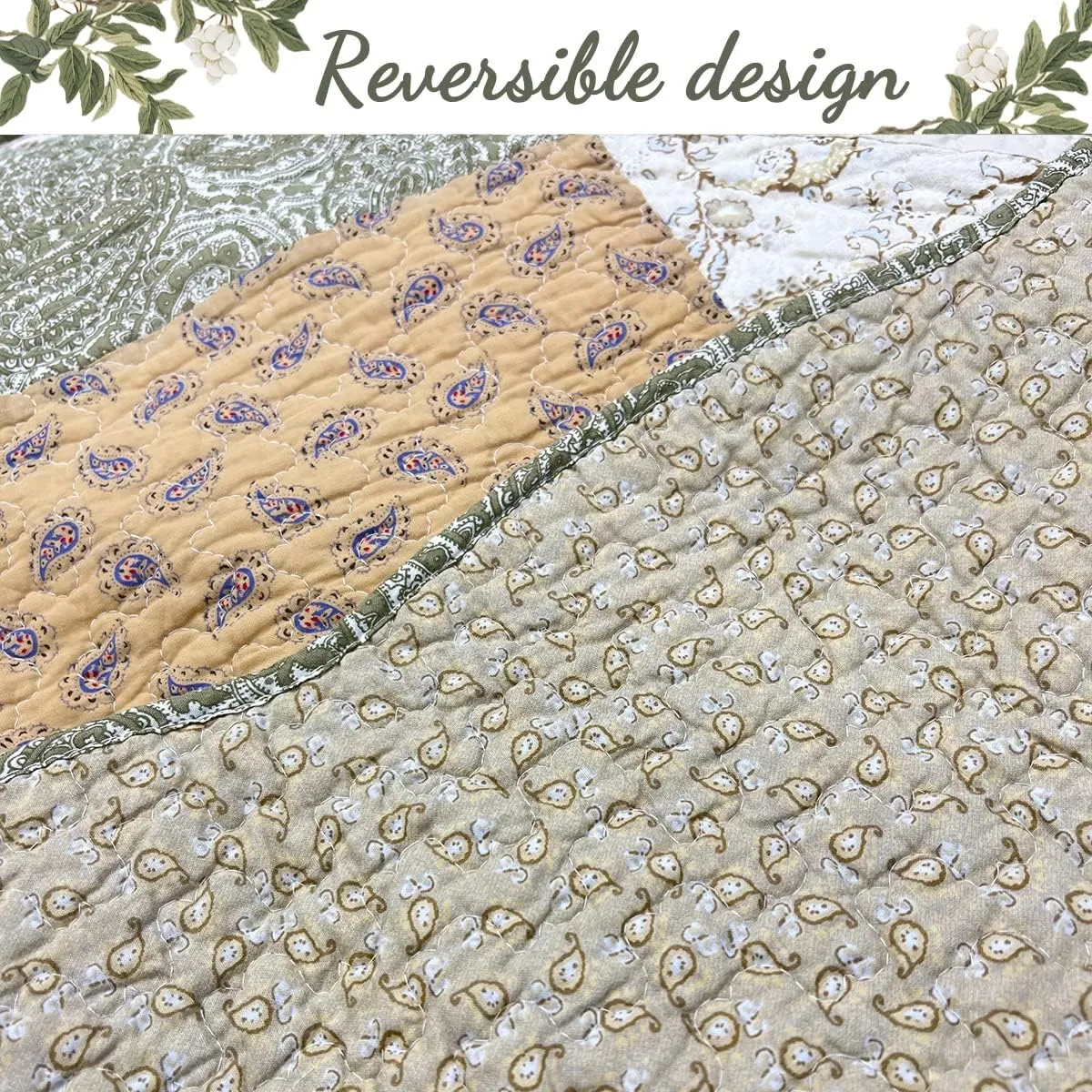Cozy Line Home Fashions Floral Real Patchwork Green Beige Khaki Yellow Scalloped Edge Country 100% Cotton Quilt Bedding Set, Reversible Coverlet Bedspread (Laura, King - 3 Piece)
