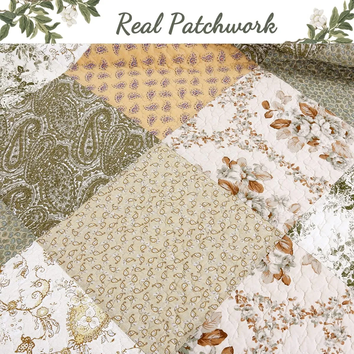 Cozy Line Home Fashions Floral Real Patchwork Green Beige Khaki Yellow Scalloped Edge Country 100% Cotton Quilt Bedding Set, Reversible Coverlet Bedspread (Laura, King - 3 Piece)