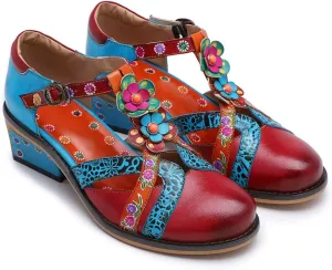 CrazycatZ Leather Mary Jane Shoes,Womens Colorful Block Heel Pumps Vintage Mary Jane Shoes Pumps
