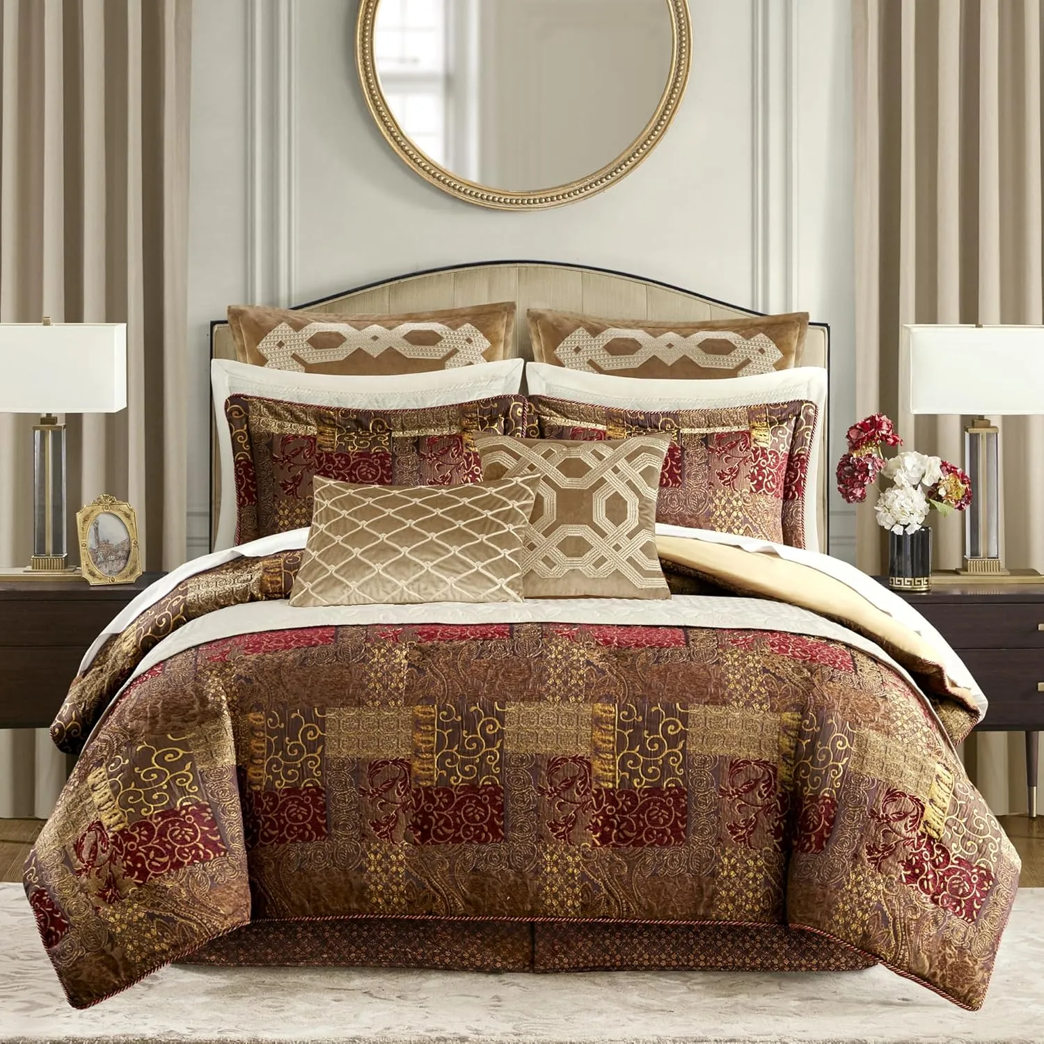 Croscill Galleria 4 Piece Jacquard Oversized Comforter Set, Luxury Traditional Patchwork Design Comforter Sets, Ultra Soft Bedding with 2 Pillow Shams, 1 Bed Skirt, Galleria, Queen, Red