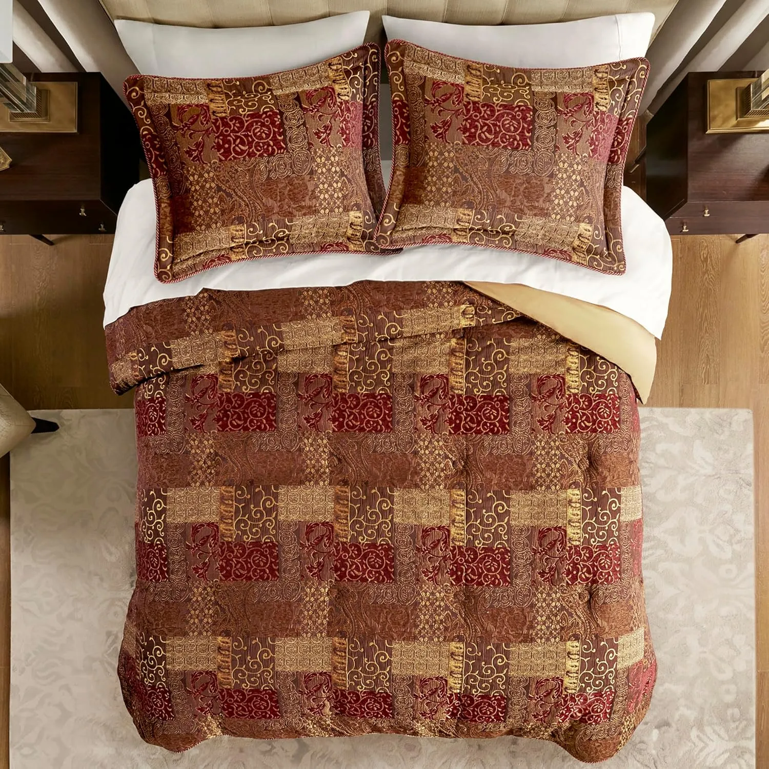 Croscill Galleria 4 Piece Jacquard Oversized Comforter Set, Luxury Traditional Patchwork Design Comforter Sets, Ultra Soft Bedding with 2 Pillow Shams, 1 Bed Skirt, Galleria, Queen, Red
