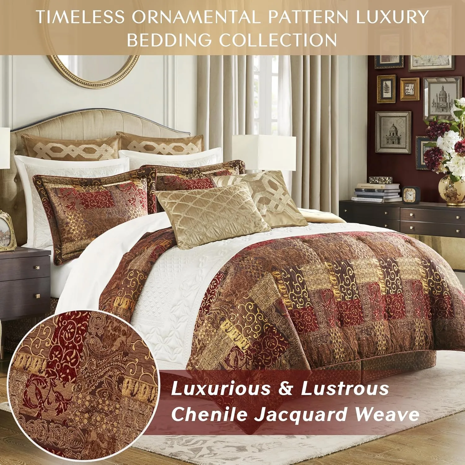 Croscill Galleria 4 Piece Jacquard Oversized Comforter Set, Luxury Traditional Patchwork Design Comforter Sets, Ultra Soft Bedding with 2 Pillow Shams, 1 Bed Skirt, Galleria, Queen, Red