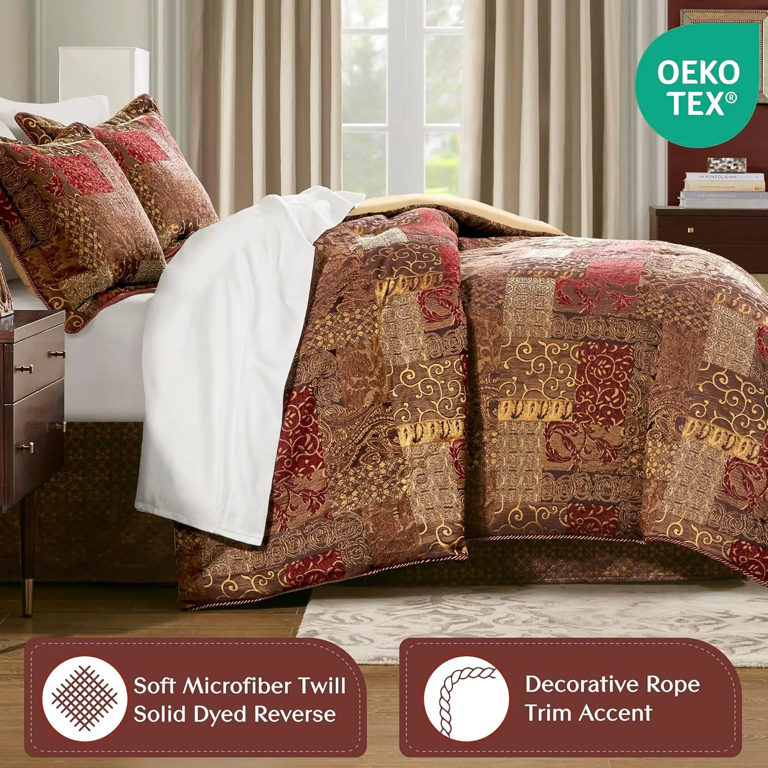 Croscill Galleria 4 Piece Jacquard Oversized Comforter Set, Luxury Traditional Patchwork Design Comforter Sets, Ultra Soft Bedding with 2 Pillow Shams, 1 Bed Skirt, Galleria, Queen, Red