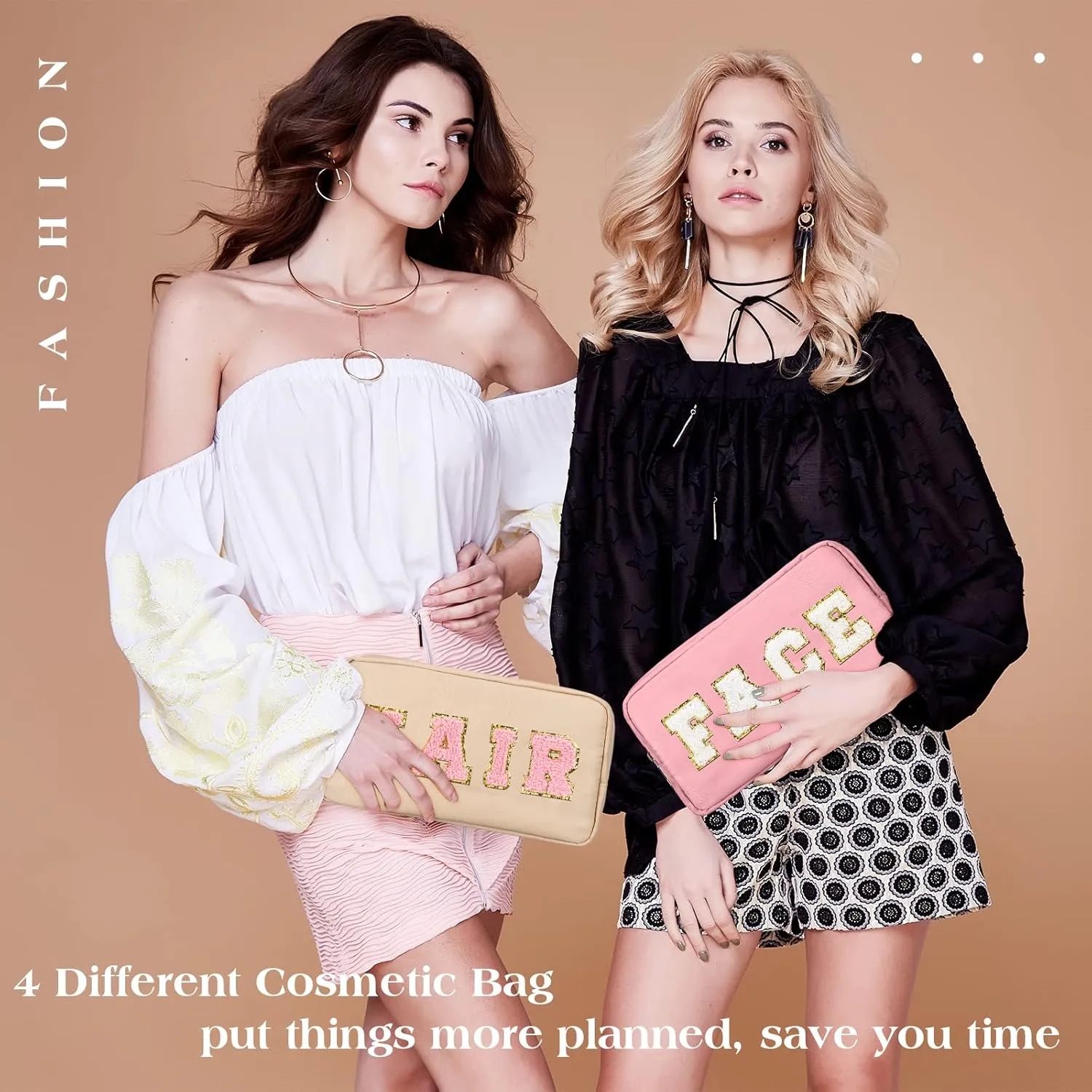 Cunno 4 Pcs Preppy Makeup Bags Chenille Letter Stuff Bag Nylon Cosmetic Pouch Cases with Zipper for Women Travel Toiletry