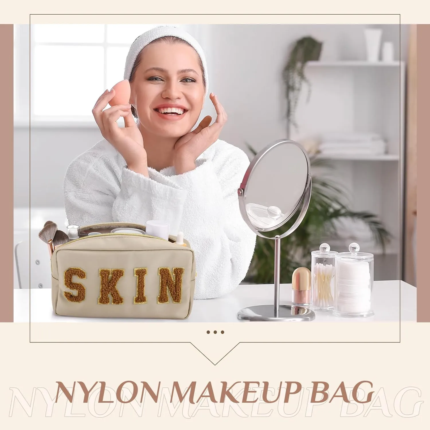 Cunno 4 Pcs Preppy Makeup Bags Chenille Letter Stuff Bag Nylon Cosmetic Pouch Cases with Zipper for Women Travel Toiletry