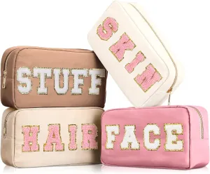 Cunno 4 Pcs Preppy Makeup Bags Chenille Letter Stuff Bag Nylon Cosmetic Pouch Cases with Zipper for Women Travel Toiletry