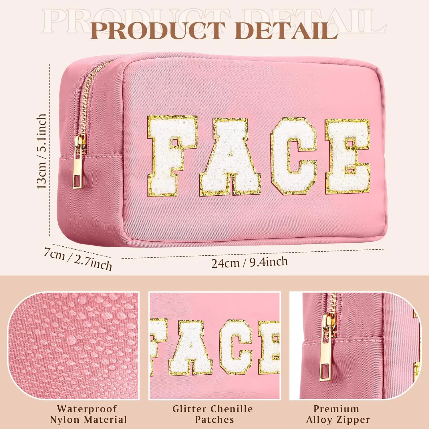 Cunno 4 Pcs Preppy Makeup Bags Chenille Letter Stuff Bag Nylon Cosmetic Pouch Cases with Zipper for Women Travel Toiletry