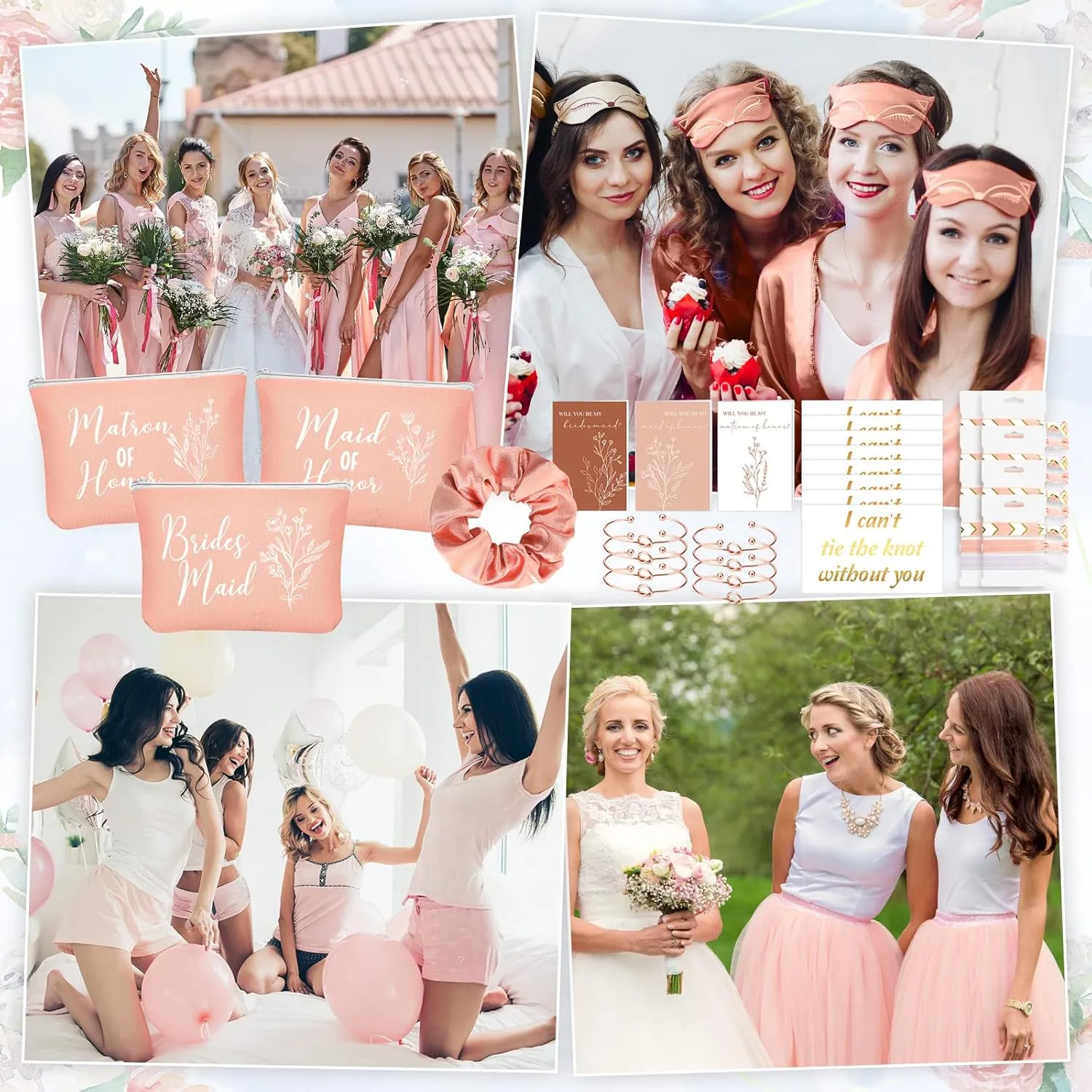 Cunno 48 Pcs Bridesmaid Proposal Gift Set with Cosmetic Bags, Scrunchies, Bracelets and Cards in Rose Pink